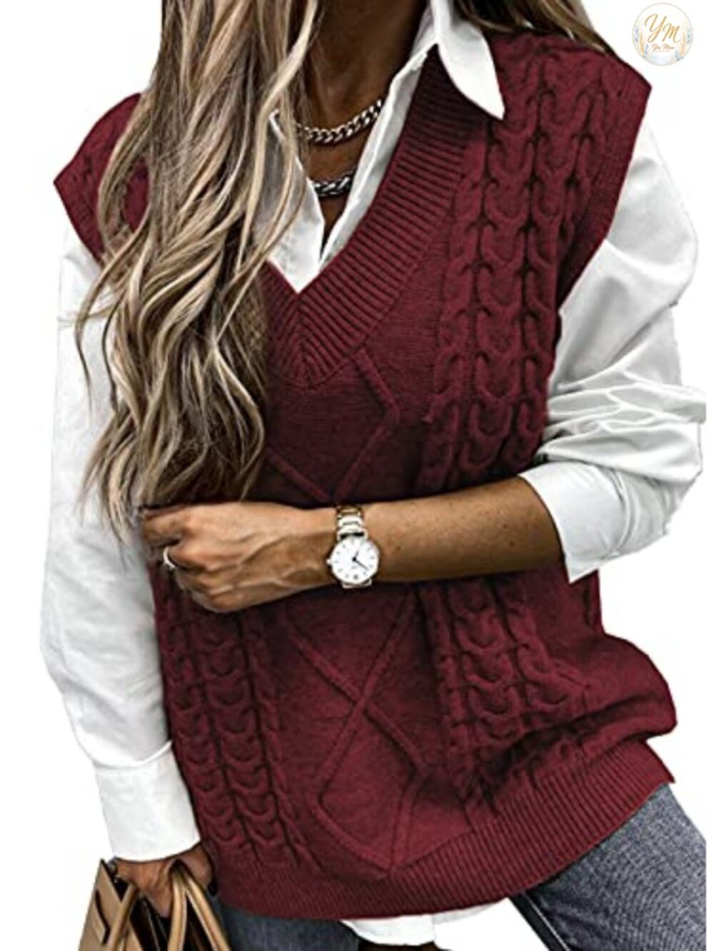 Oversized Cable Knit Sweater Vest V Neck Sleeveless Loose Pullover Top